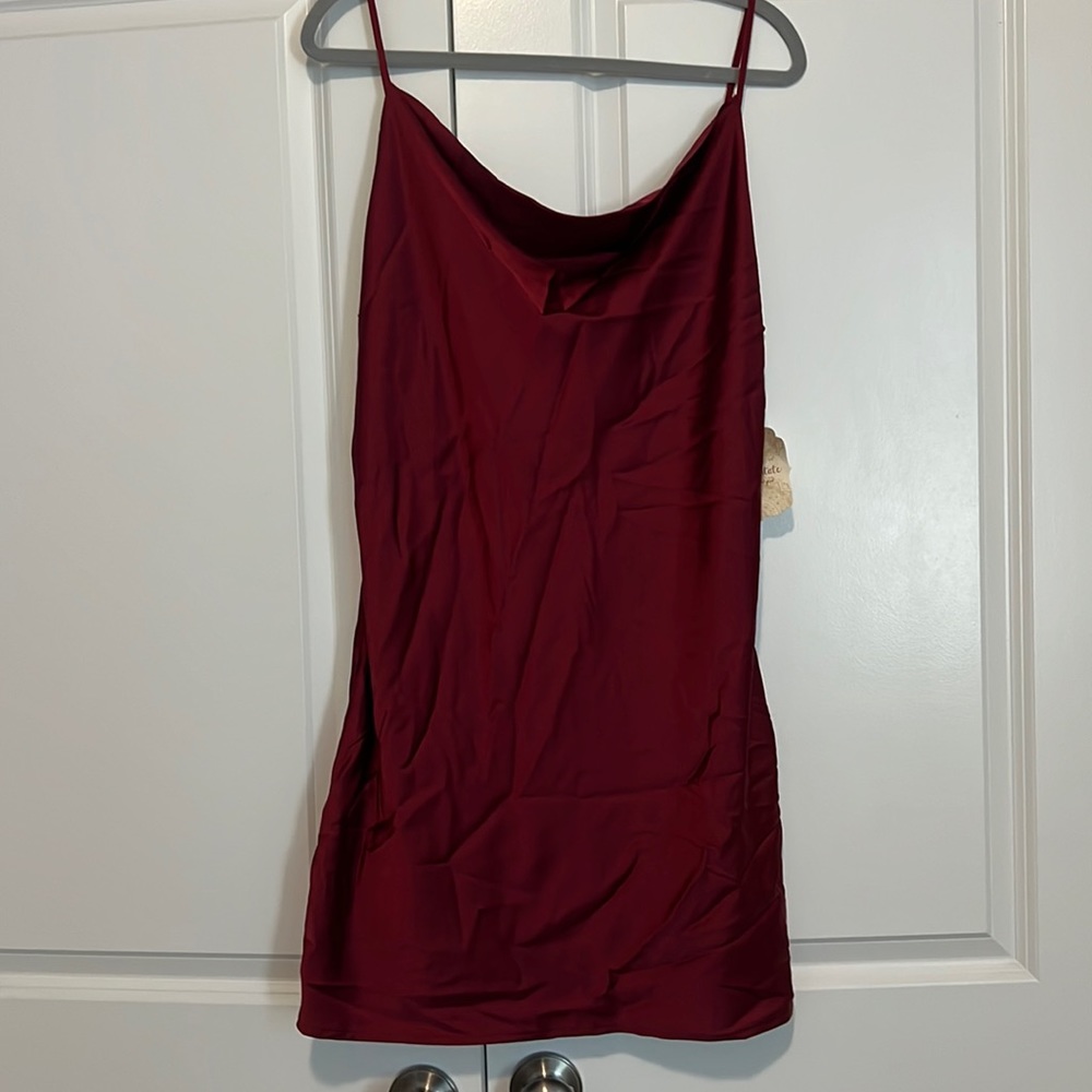 wine cowl neck satin dress. altard state